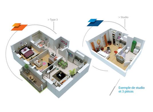 Exemple de studio et 3 pièces